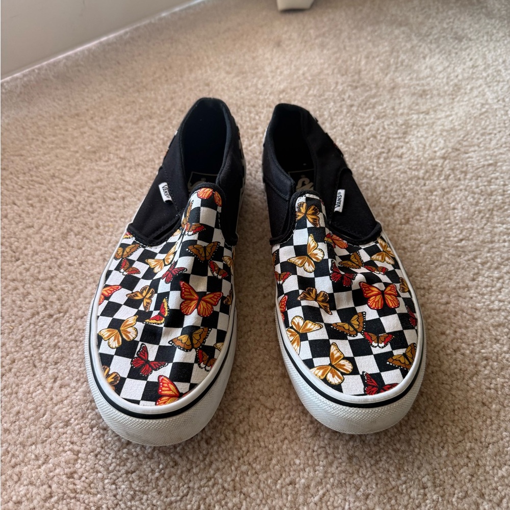 Vans Kids Slip-On Sneakers - Black, White, and Orange Butterfly